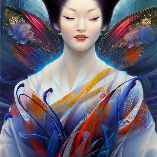 Image similar to a beautiful geisha manipulating water by karol bak, ayami kojima, artgerm, river, water, blue eyes, smile, concept art, fantasy