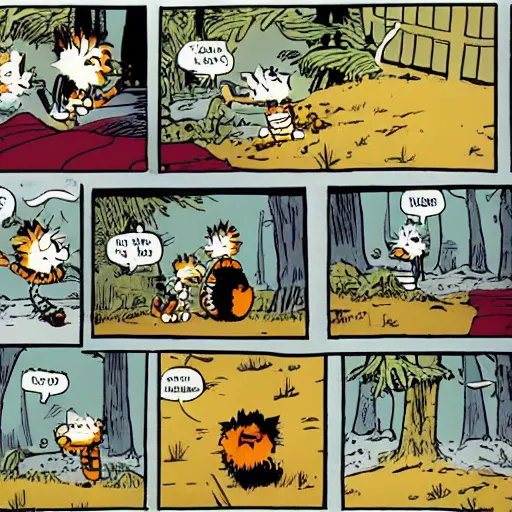 Image similar to A Calvin and Hobbes comic strip panel about demons