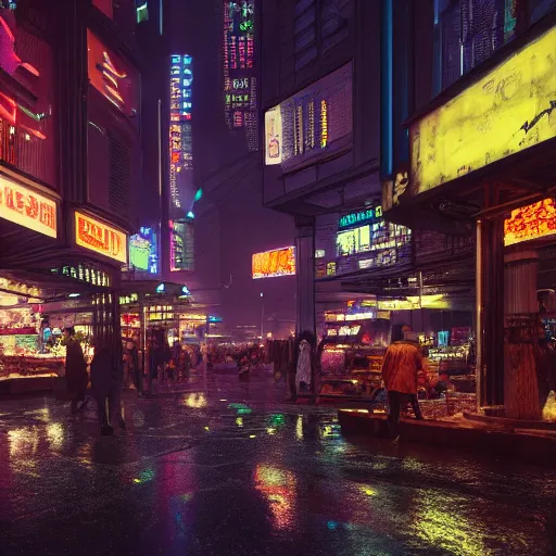 Prompt: market place in a cyberpunk city, nighttime, raining, intricate artwork by Tooth Wu and wlop and beeple, octane render, hyper realism, 8k