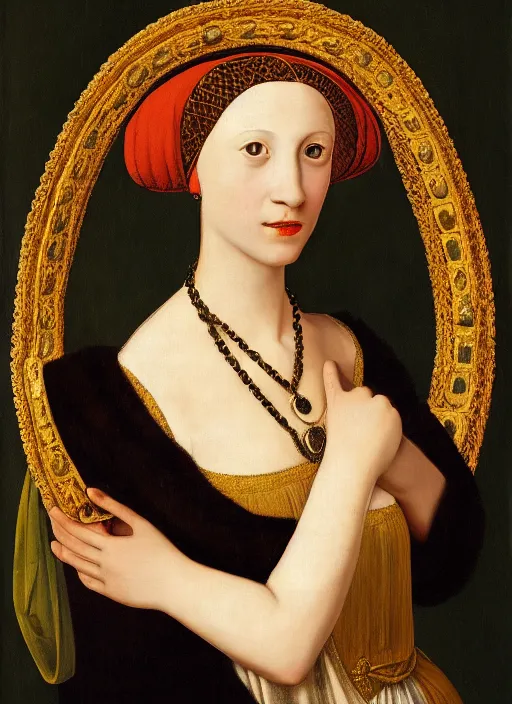 Image similar to portrait of young woman in renaissance dress and renaissance headdress, art by giovanni gastel