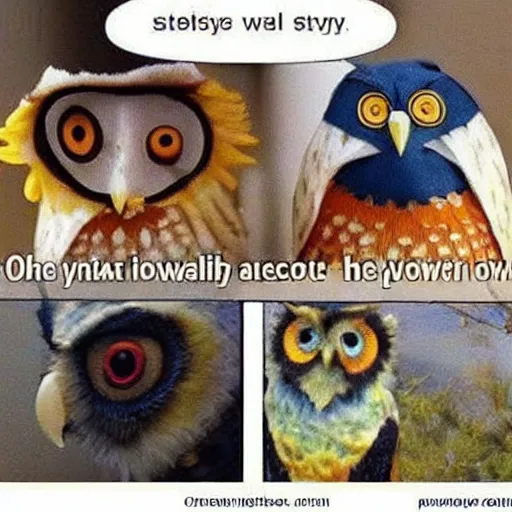Image similar to meme with the success boy about colorful owls