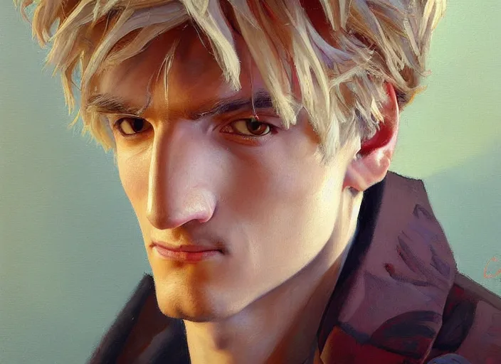 Image similar to a highly detailed beautiful portrait of xqcow xqc felix lengyel, twitch. tv, by gregory manchess, james gurney, james jean