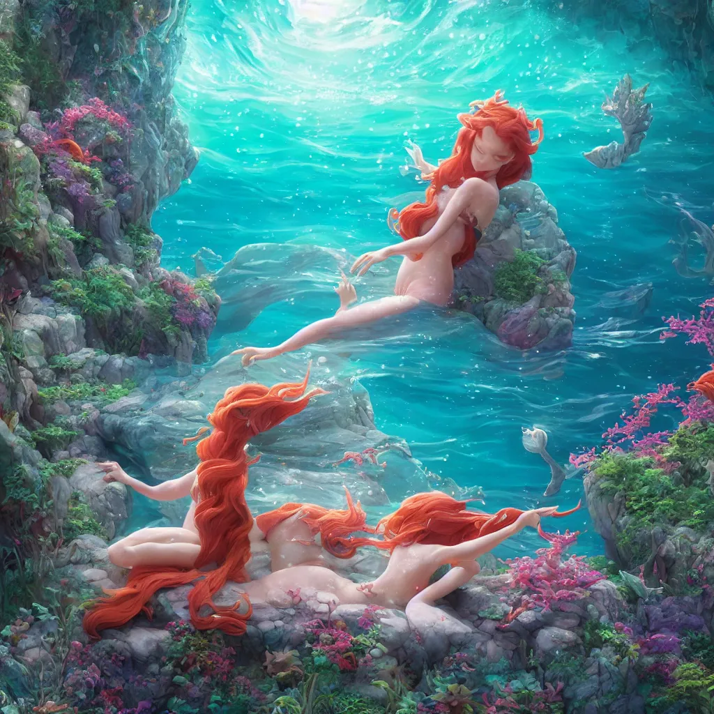 Prompt: the little mermaid singing in the colorful ocean, correct human body and perspective, pearls and shells, fantasy art by ferdinand knab, makoto shinkai and ilya kuvshinov, rossdraws, tom bagshaw, trending onstudio ghibli, radiant light, highly detailed, octane render, 8 k