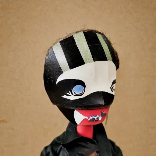 Prompt: a doll with black hair and a white face, a character portrait by kano sanraku, cgsociety, mingei, creepypasta, made of trash, made of cardboard