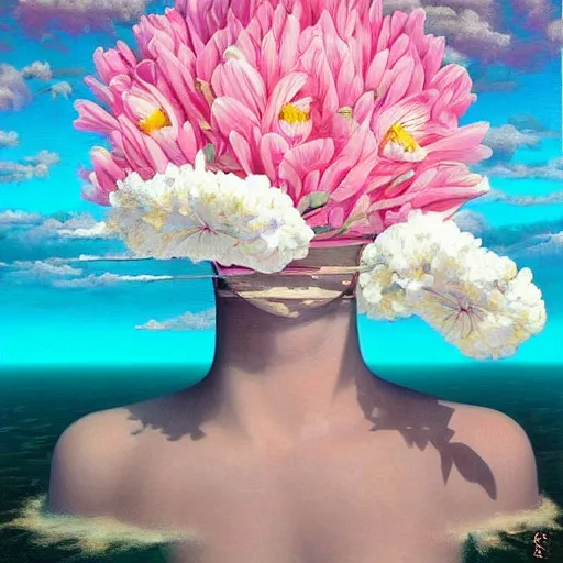 Image similar to RHADS, award winning masterpiece with incredible details, RHADS, a surreal vaporwave vaporwave vaporwave vaporwave vaporwave painting by RHADS of an old pink mannequin head with flowers growing out, sinking underwater, highly detailed RHADS