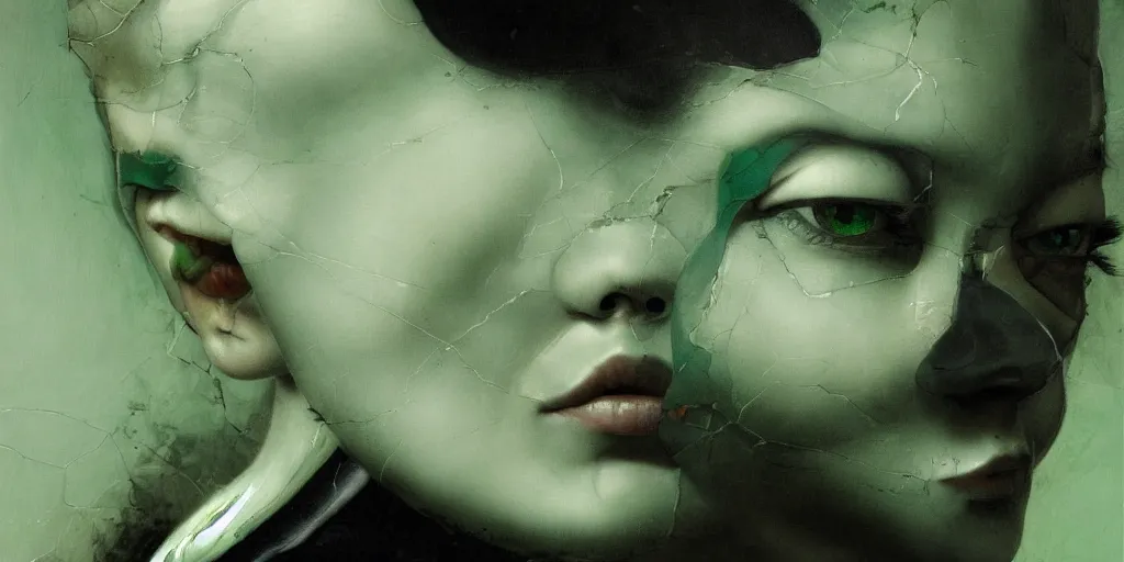 Image similar to a dark baroque close - up portrait of a deep green and white porcelain being made out of white sci - fi vitrified translucent ceramic marble ; china. reflective detailed textures. gloomy black background. highly detailed fantasy science fiction painting by moebius, norman rockwell, frank frazetta, and syd mead. rich colors, high contrast. artstation