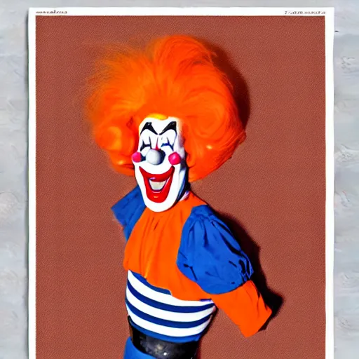 Prompt: a bozo clown wearing a orange wig and striped shirt, digital art, trending on artstation, vintage, retrofuturism, art by marc davis, marc davis artwork, poster