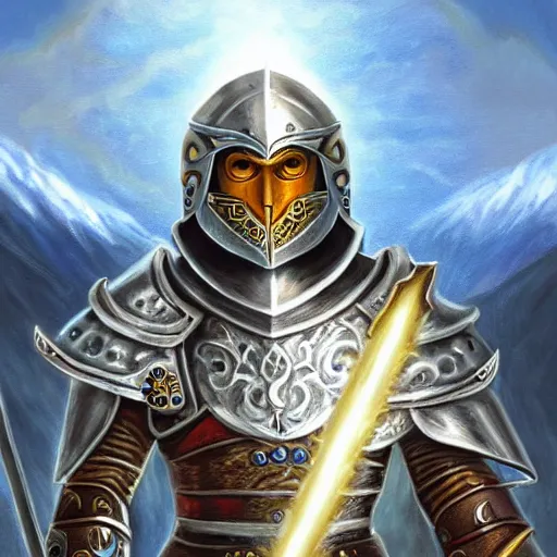 Prompt: paladin wearing silver amour with mirror finish, wielding a longsword that gleams like the sun. he is wearing a teutonic helmet, inside his eyes glow like the sun. background of snowy mountains. fantasy painting.