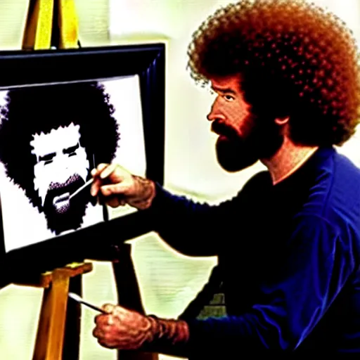 Image similar to Bob ross painting a picture of bob ross