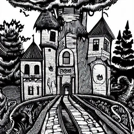 Prompt: mcbess illustration of a haunted castle in the woods, set an the end of a winding road