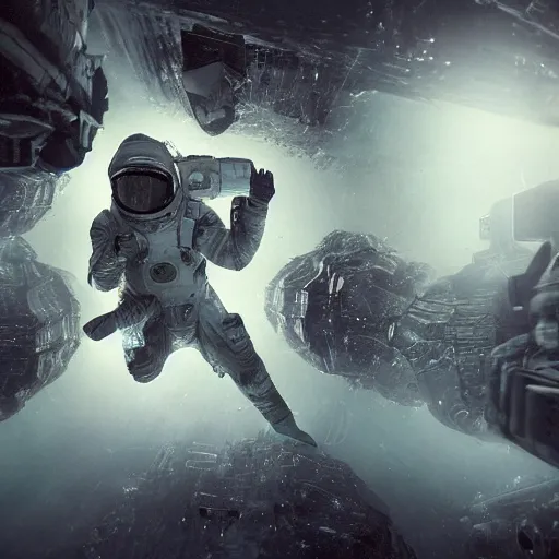 Prompt: concept art by craig mullins astronaut in futuristic dark and empty spaceship underwater. infrared complex and hyperdetailed technical suit. mandelbulb fractal space. reflection and dispersion materials. rays and dispersion of light. volumetric light. 5 0 mm, f / 3 2. noise film photo. flash photography. unreal engine 4, octane render. interstellar movie art