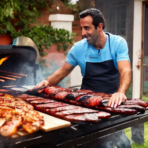 Image similar to edu gaspar cooking on a giant barbeque in 4 k photo