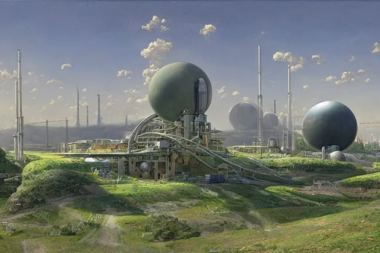 Image similar to an impressive science fiction big factory with a spherical architecture designed by boeing military and star wars with fat cables and pipes, on a beautiful green hill in a the french countryside during spring season, painting by studio ghibli backgrounds and louis remy mignot hd, nice lighting, smooth tiny details, soft and clear shadows, low contrast, perfect