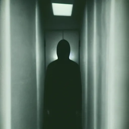 Image similar to dark, scary human figure standing ominously in a hallway, backlit by soft lights, dark, mysterious, creepy, photo taken on Polaroid camera