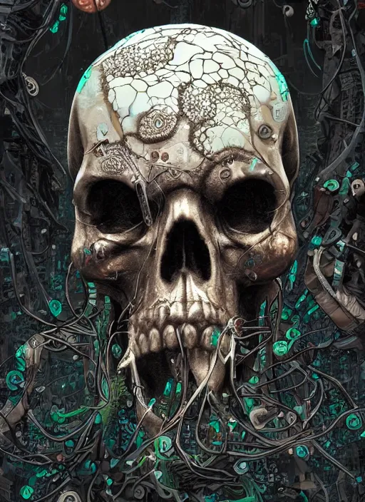 Image similar to intricate detailed biopunk cyberpunk skull, ivy, death,