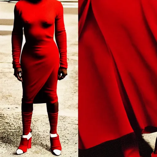 Prompt: kanye west [ wearing a [ red dress ]!! ]!!, [ 4 k photorealism ]!!, fashionable pose!!, fashion photography, 4 k quality, shot by jimmy nelson, paparazzi photo!!