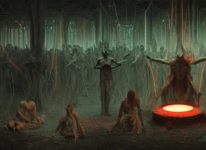 Image similar to satanic ritual, summoning the devil, neon, they are watching, RGB, glowing wires everywhere, pristine, by Edgar Maxence and Ross Tran, Zdzisław Beksiński, and Michael Whelan, distant, gustav dore, H.R. Giger, 8k, octane render