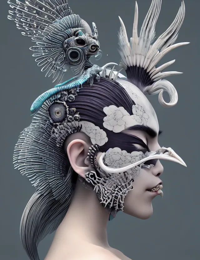 Image similar to 3 d goddess close - up profile simple portrait punk with mohawk with goat skull. beautiful intricately detailed japanese crow kitsune mask and clasical japanese kimono. betta fish, jellyfish phoenix, bio luminescent, plasma, ice, water, wind, creature, artwork by tooth wu and wlop and beeple and greg rutkowski