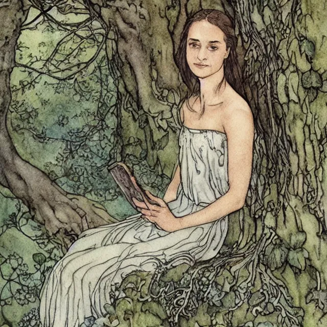 Image similar to a detailed, intricate watercolor and ink portrait illustration with fine lines, of a lovely, pretty, young alicia vikander with a detailed face in a dress sitting on the mossy ground reading under a gnarled tree, by arthur rackham and edmund dulac and mucha