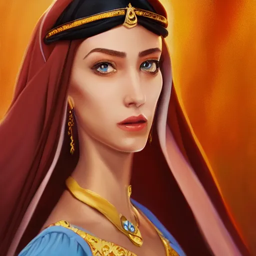 Image similar to a portrait of an arabian princess in a disney movie, crown!! oil painting, pale colors, high detail, 8 k, wide angle, trending on artstation,