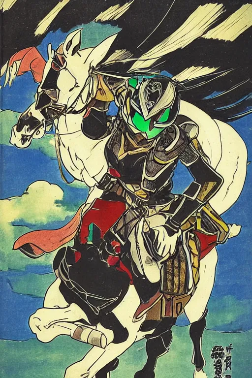 Prompt: kamen rider v 3 riding a horse, by kuniyoshi utakawa