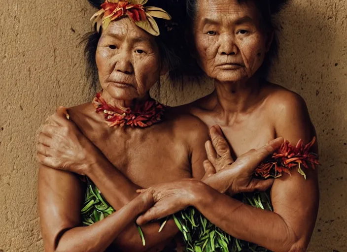 Prompt: a [ hawaiian - filipino woman ] sitting in a kitchen, hands arching below her chin, sentimentally contemplating her next activity, trending on unsplash, [ 4 k photoreaslim ]!!, shot by jimmy nelson, hans bellmer, peter kemp, and irving penn