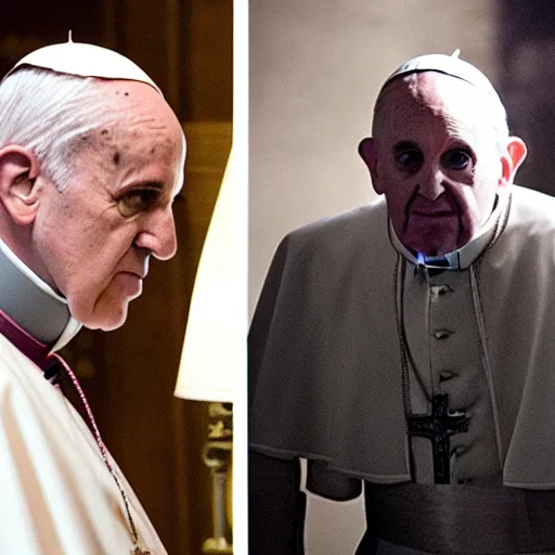 Image similar to movie still, movie frame, the pope as the main character in resident evil