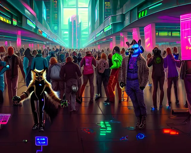 Image similar to high - resolution photograph from a cyberpunk era furry fandom convention ( midwest furfest 2 0 4 7 ), taking place after the genetic revolution and singularity. photorealistic.