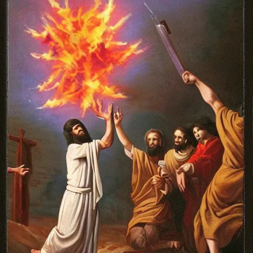 Image similar to jesus throwing fireballs at infidels