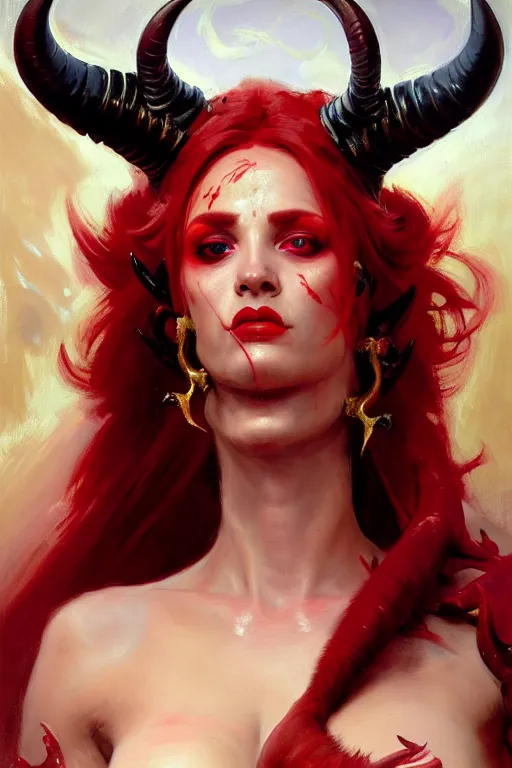 Image similar to painted close - up portrait of a very attractive red - skinned intimidating demon alien girl with ram horns! oil painting, wearing a noblewoman's outfit, fantasy art by john singer sargent and gaston bussiere and james jean and greg rutkowski, demon noble character design, hd