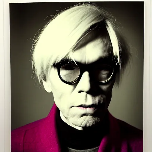 Image similar to Modern Portrait of Andy Warhol, taken in the 2010s, photo taken on a 2010s camera, grainy, real life, hyperrealistic, ultra realistic, realistic, highly detailed, epic, HD quality, 8k resolution, body and headshot, film still, front facing, front view, headshot and bodyshot, detailed face, very detailed face