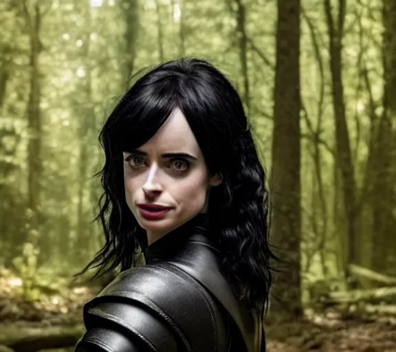 Image similar to 5 5 mm close up portrait photo of krysten ritter as yennefer of vengerberg in black leather armor and black hair, in a forest. magical atmosphere. art by greg rutkowski. lifelike. very detailed 8 k. intricate. soft light. nikon d 8 5 0.