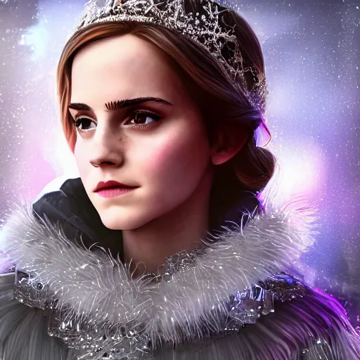 Image similar to Portrait shot, Emma Watson as the Queen of Ice, Ice crystal armor, snow falling, 4k, digital art, trending on art station, hd, doll, colorful backdrop, film grain, gritty, high res, high detail, 8k, render