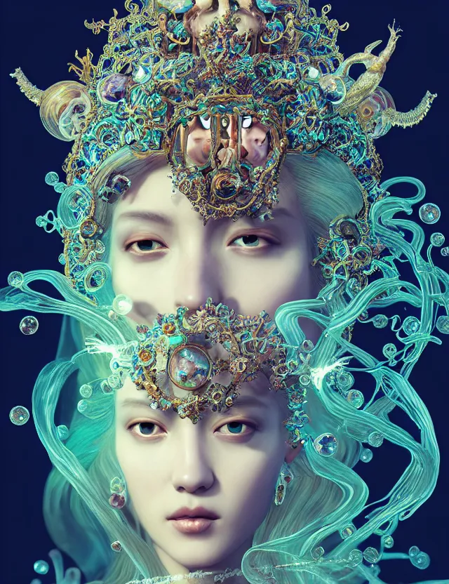 Image similar to baroque bedazzled gothic royalty frames surrounding a goddess macro close - up portrait wigh crown made of ram skull. betta fish, jellyfish phoenix, bioluminiscent, plasma, ice, water, wind, creature, super intricate ornaments artwork by tooth wu and wlop and beeple and greg rutkowski