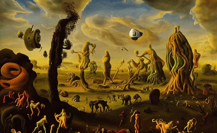 Image similar to very detailed colorful strange disturbing dutch golden age surrealistic landscape with very small humanoid strange figures in the distance with large looming biomorphic figures looming inthe foreground, cast shadows, chiaroscuro, painted by dali and rachel ruysch, timeless disturbing masterpiece perfect composition