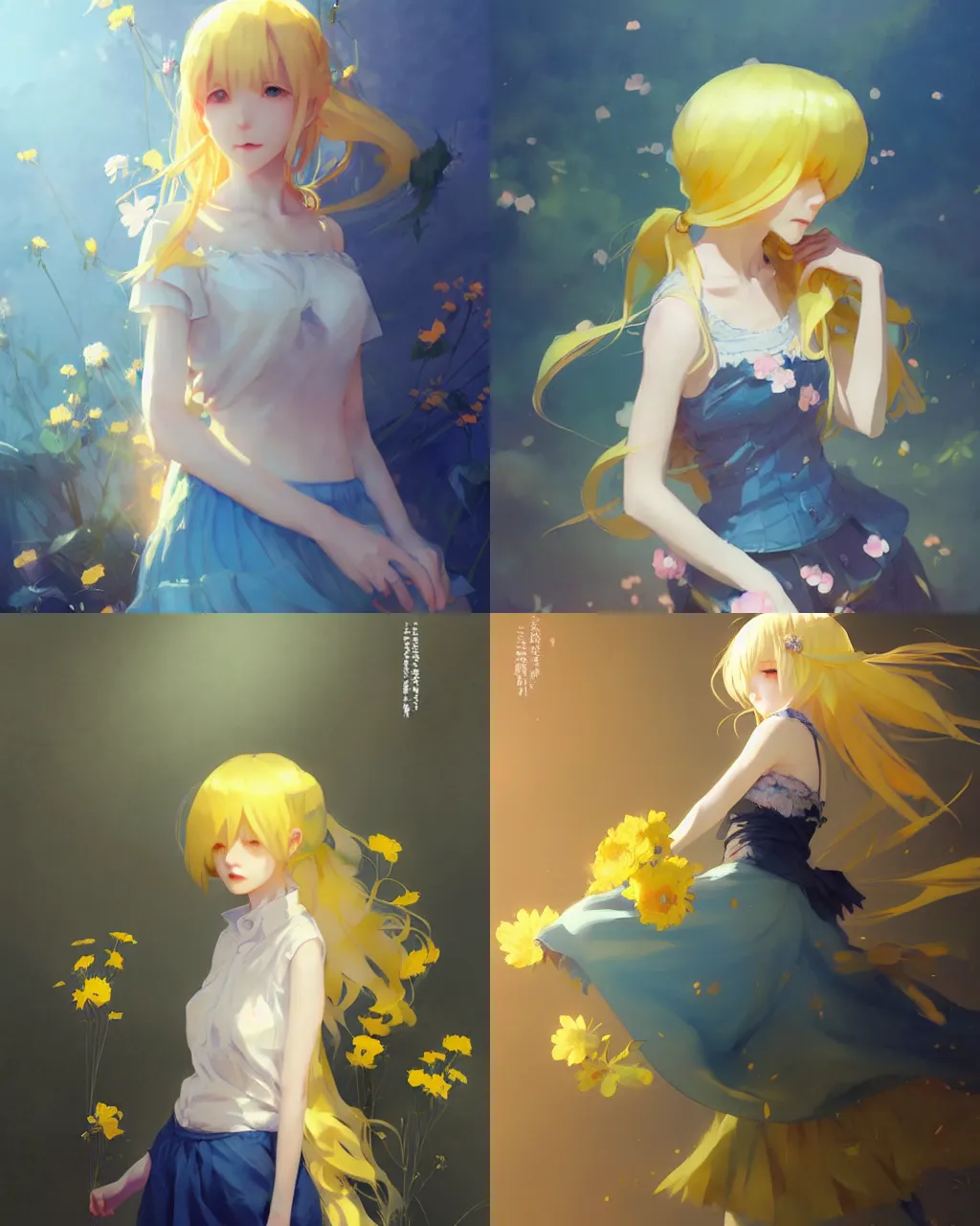 Prompt: girl with yellow hair and blue skirt, flower decoration on the background, a beautiful half body illustration, top lighting, perfect shadow, soft painting, art by hidari and krenz cushart and wenjun lin