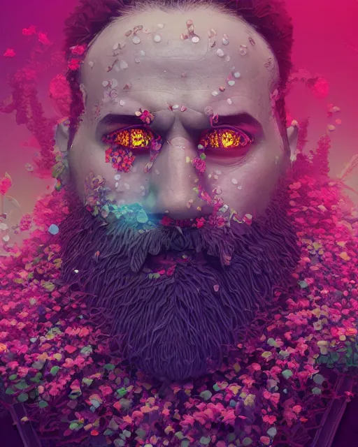 Image similar to a realistic ultradetailed digital painting of a man with flowers in his beard, profile, cyberpunk art by beeple, behance contest winner, retrofuturism, voxel art, # pixelart!!