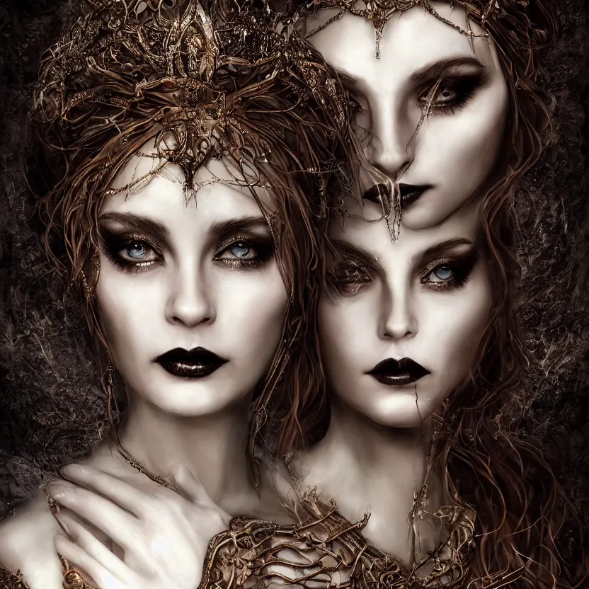 Image similar to mindblowing portrait of the enchantress queen, a stunning timeless beauty, breathtaking eyes, perfect skin, feathered eyelashes, royal gothic dress with a lot of leather, heavy silent hill aesthetic, incredibly intricate, digital art, blender, houdini & photoshop, very elegant & complex, hyper-maximalist, overdetailed, epic cinematic quality, biblical art lighting, photorealistic, lifelike, OLED, DSLR HDR 8k, face is the focus, facial feature symmetry, hyper composed, created by Nixeu & z--ed from deviantart