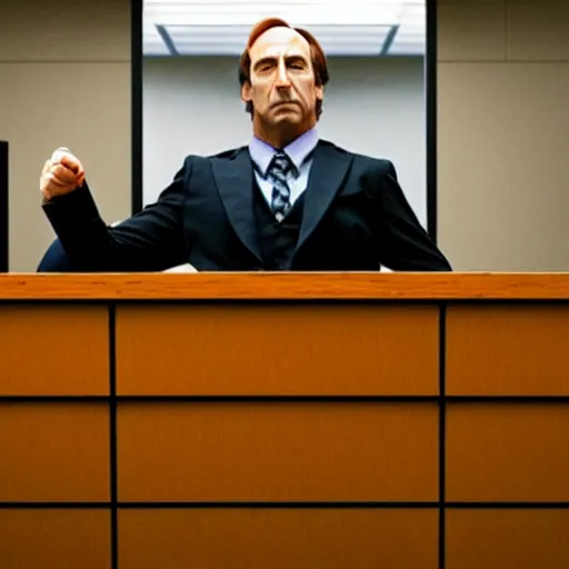 Image similar to saul goodman doing t - pose in courtroom to intimidate prosector