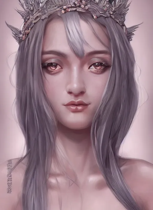 Prompt: nymph of the moon, oriental beautiful face, wearing hair crown, silver hair, youthful attractive, clear symmetrical face portrait, muted colors, artstation, cgsociety, character concept art, highly detailed