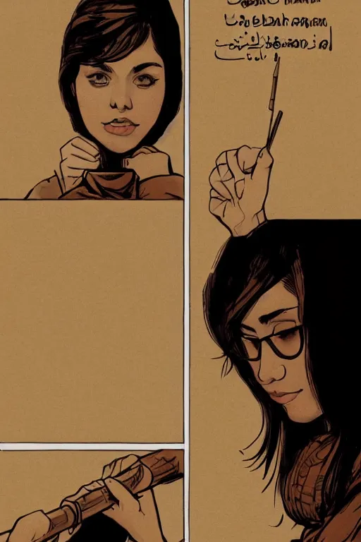 Image similar to short brown hair Arab Spanish shy beautiful young woman in a beige hoodie, Diwani calligrapher using bamboo pen, cinematic lighting, rule of thirds, comic by Dave Gibbons