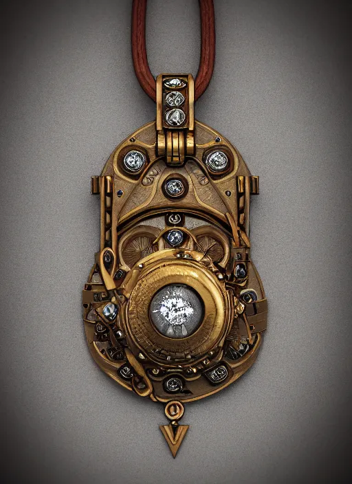 Prompt: a macro photo of amazing steampunk amulet with diamond jewel and small steam tubes, volumetric lightning, octane render, 4 k, hd, realistic reflections, extremely high detailed, soft lightning, trending on artstation, masterpiece, high resolution, bronze, gold, soft lightning