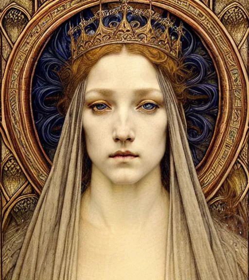 Image similar to detailed realistic beautiful young medieval queen face portrait by jean delville, gustave dore and marco mazzoni, art nouveau, symbolist, visionary, gothic, pre - raphaelite. horizontal symmetry