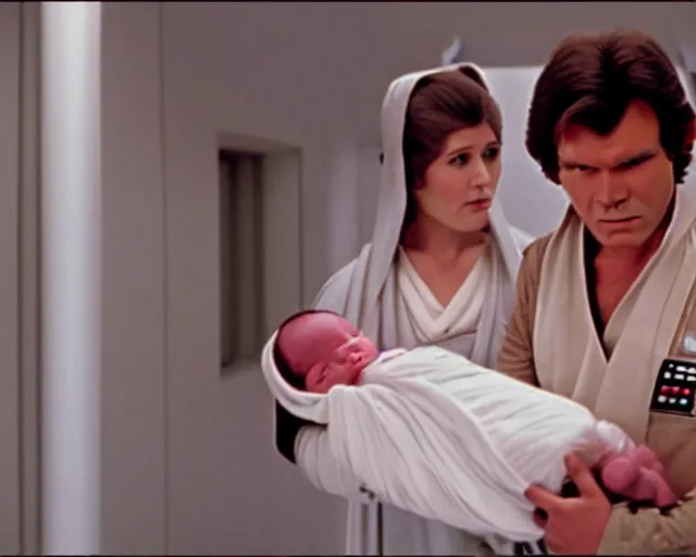 Image similar to screenshot of Han Solo standing next to Princess Leia Organa holding a new born baby in a swaddle, alone, pensive, iconic scene from 1980s Star Wars film directed by Ridley Scott, in a sci fi nursing home architecture, last jedi, 4k HD sharp, cinematic still frame, photoreal, detailed face, moody lighting, stunning cinematography, anamorphic lenses, kodak color film stock