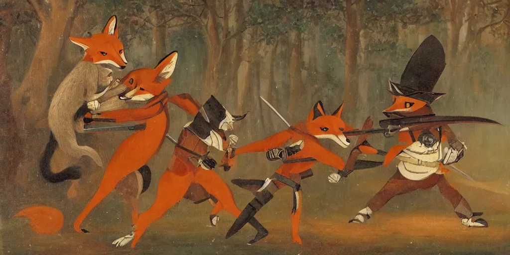 Image similar to an anthropomorphic fox fighting an evil knight who is twice as tall, 1 9 th century painting