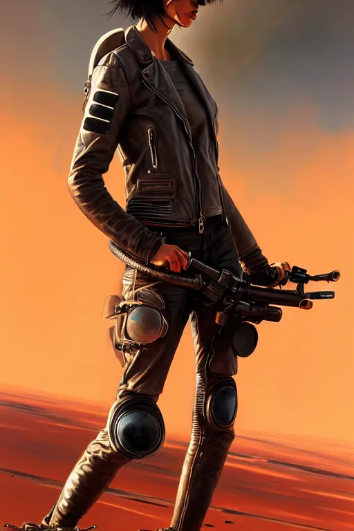 Image similar to a ultradetailed beautiful panting of post apocalyptic woman with motorbike in leather jacket with helmet in front of burning desert, anatomically correct, pretty face, high detailed face, by ilya kuvshinov, greg rutkowski and makoto shinkai, trending on artstation