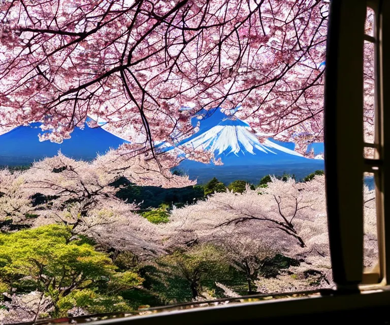 Image similar to a photo of mount fuji, japanese landscape, sakura trees, seen from a window of a train. beautiful!!!