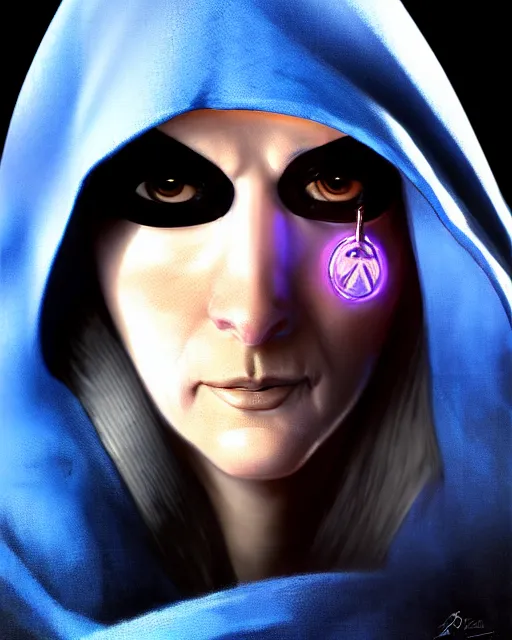 Prompt: ana from overwatch, blue hooded cloak, eye patch, older woman, character portrait, portrait, close up, highly detailed, intricate detail, amazing detail, sharp focus, vintage fantasy art, vintage sci - fi art, radiant light, caustics, by boris vallejo