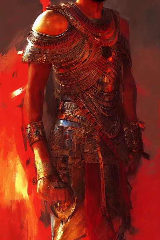 Image similar to egyptian warrior, portrait, fierce, intricate, elegant, red volumetric lighting, digital painting, highly detailed, artstation, sharp focus, illustration, concept art, ruan jia, steve mccurry