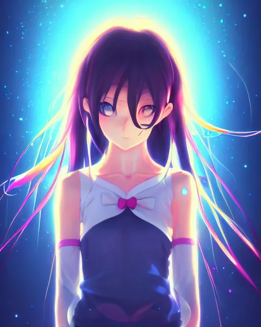 Image similar to anime style, vivid, expressive, full body, 4 k, painting, a cute magical girl with a long wavy black hair, stunning, realistic light and shadow effects, centered, simple background, studio ghibly makoto shinkai yuji yamaguchi